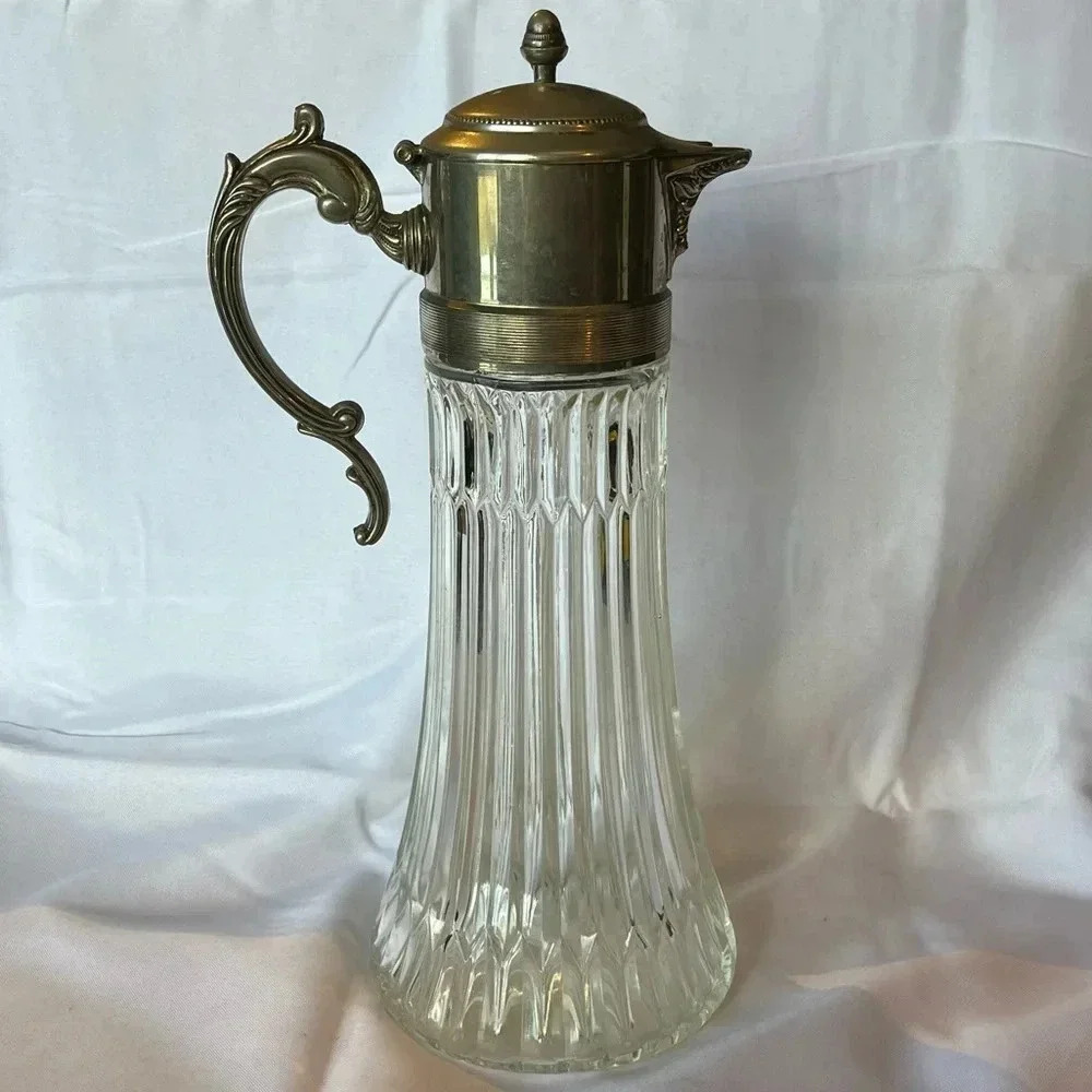 Vintage 1930s Glass + Silver Plated Beverage Pitcher 14 1/4”in